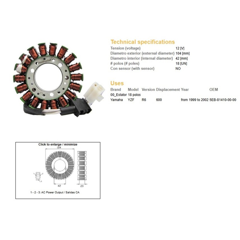 DZE UZWOJENIE ALTERNATORA STATOR YAMAHA YZF 600 R6 '99-'02 (OEM 5EB-81410-00-00)
