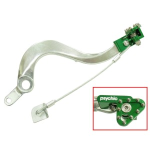 psychic dźwignia hamulca nożnego kawasaki kxf 450 \'06-\'20, klx 450r 08-19 kolor srebrny z zieloną stopką