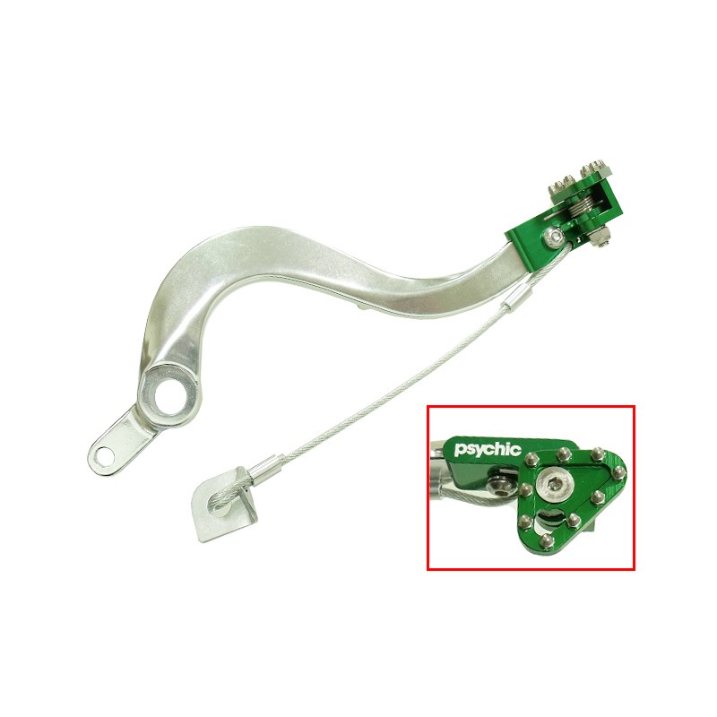 psychic dźwignia hamulca nożnego kawasaki kxf 450 \'06-\'20, klx 450r 08-19 kolor srebrny z zieloną stopką