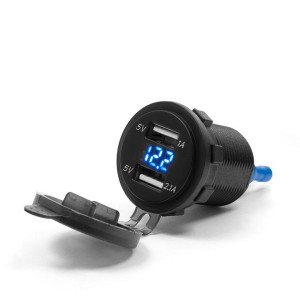 BIKETEC Motocyklowe podwójne gniazdo z podświetleniem i woltomierzem - montaż na powierzchnię płaską lub na kierownicę