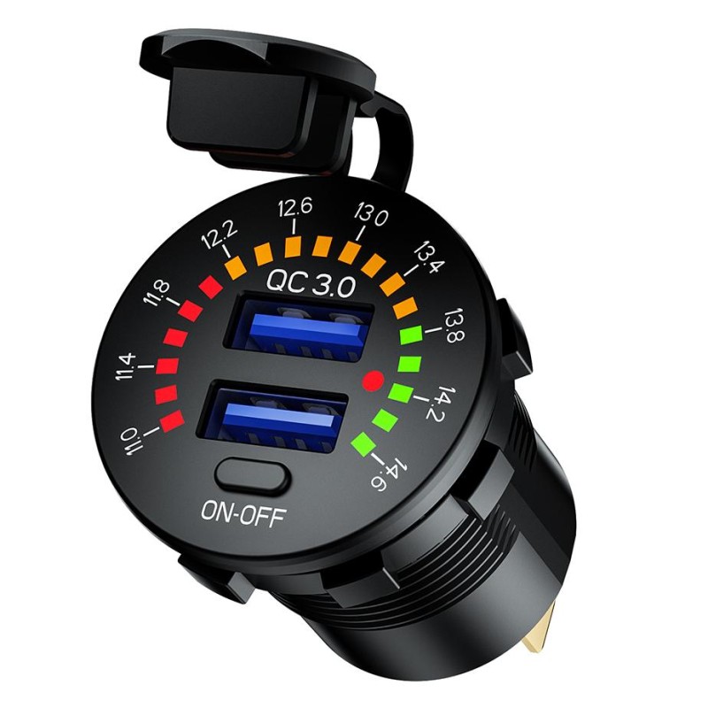 BIKETEC Podwójne Gniazdo USB QC 3.0 z Woltomierzem - 36W Quick Charge