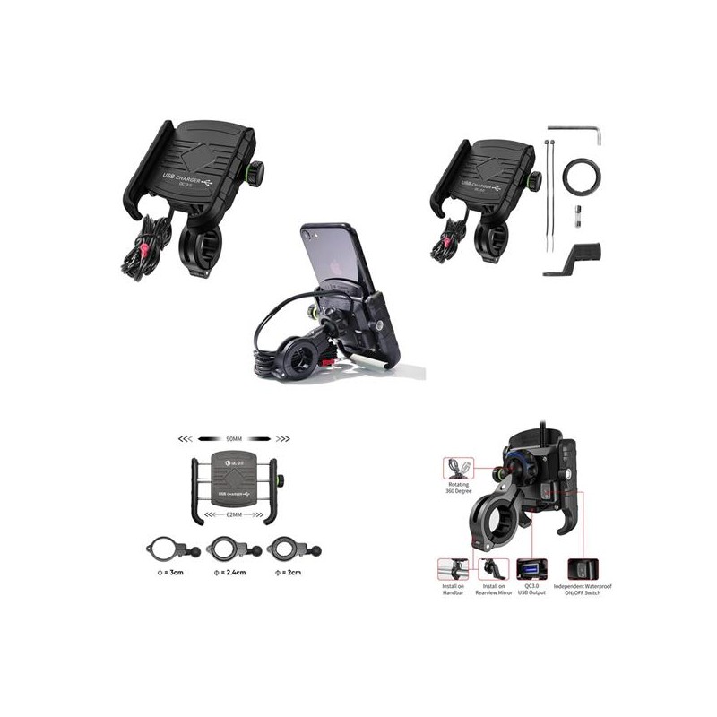 Promocja! Uchwyt motocyklowy z ładowarką USB 3.0 na telefon - R9-METAL USB QC