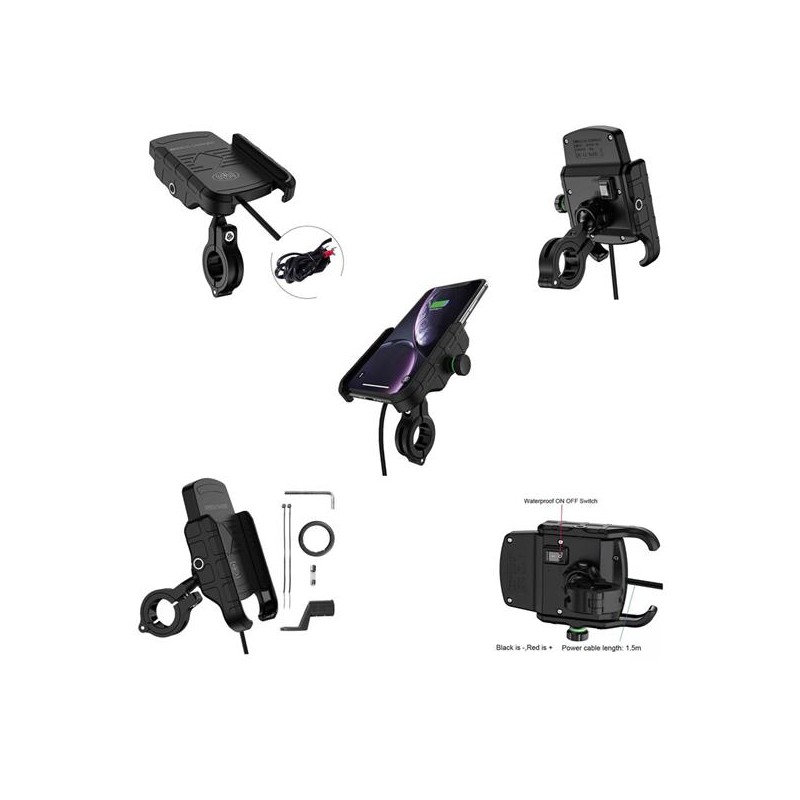UCHWYT MOTOCYKLOWY z ładowarką indukcyjną na telefon - BIKETEC R9W-METAL WIRELESS
