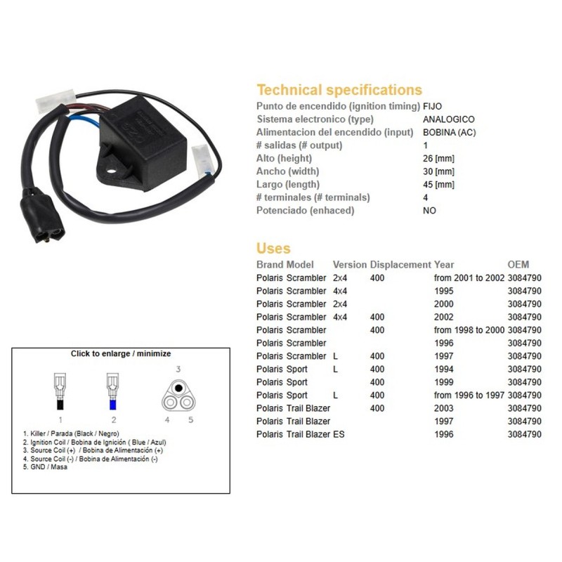 Moduł zapłonu CDI Polaris Scrambler 400 '95-'02; Sport 400 '94-'97; Trail Blazer 400 '96-'03
