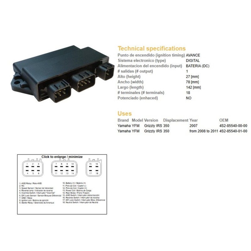 Moduł zapłonu CDI Yamaha YFM 350 Grizzly '07-'11 (OEM:4S2-85540-00-00)