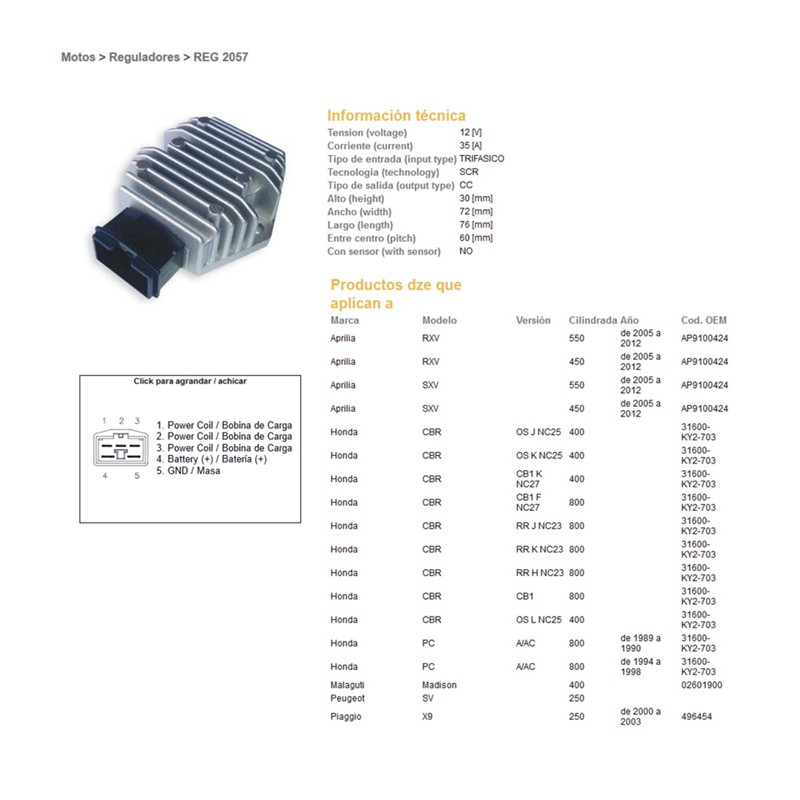 Regulator napięcia do Aprilia RXV/SXS 450, 550, Honda PC800