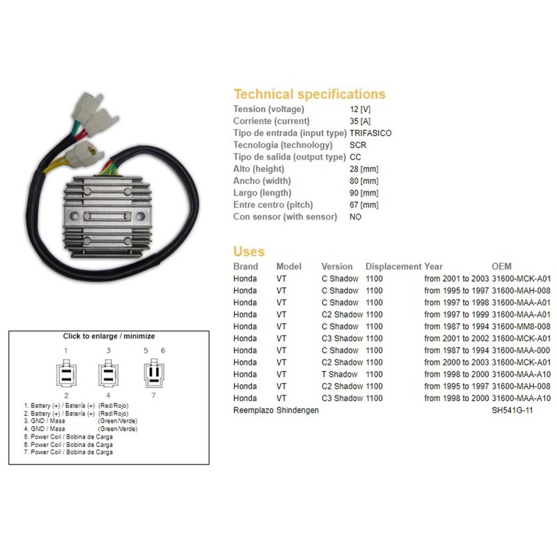Regulator napięcia Honda VT 1100C/C2/C3 Shadow '87-'03 (35A) (31600-MAH-008) (ESR120) (SH541G-11)