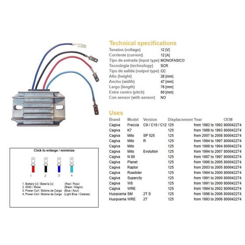 DZE Regulator napięcia Cagiva 125 Mito/Planet/Raptor '89-'07; Husqvarna WRE 125 '93-'06; SM 125 '93-'06 (OEM-800042274)