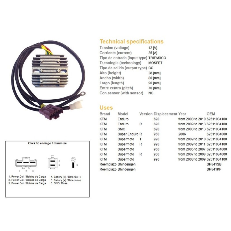 DZE REGULATOR NAPIĘCIA KTM 690R ENDURO '08-'13; 950R SUPER ENDURO '06-; SUPERMOTO 950/990R '05-'11 (OEM-62511034000) (SH541)