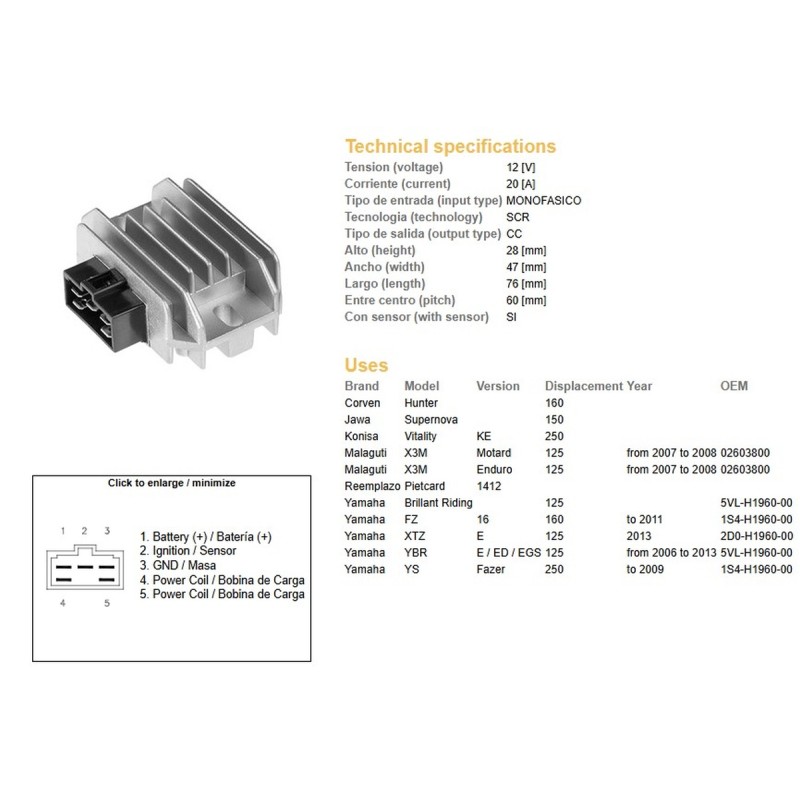 Regulator napięcia Yamaha YBR 125 '06-'13 (20A) - DZE