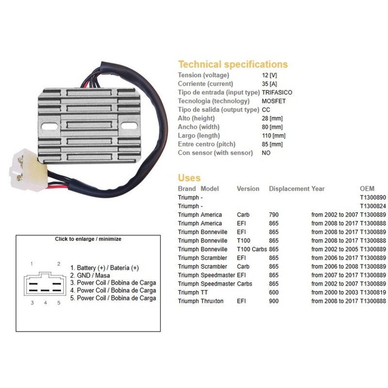 Regulator napięcia DZE do Triumph America 790/865 '02-'17, Bonneville 865 '02-'17, Scrambler/Speedmaster 865 '02-'17, TT 600