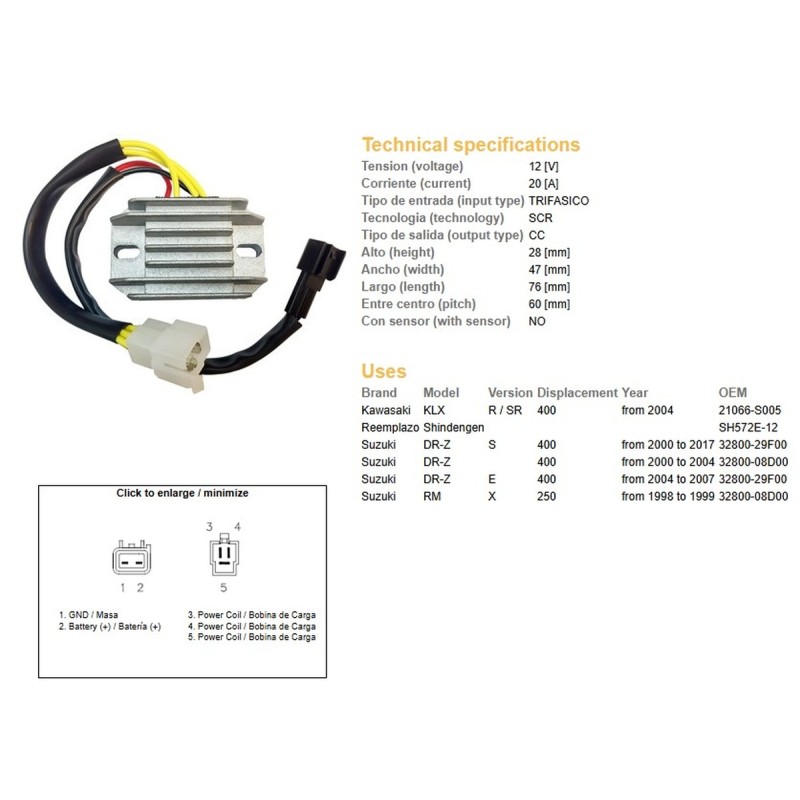 DZE REGULATOR NAPIĘCIA SUZUKI DRZ 400/E/S '00-'17 (DR-Z); KAWASAKI KLX 400 '04- (32800-29F00, 32800-08D00) (SH572E-12) (ESR10)