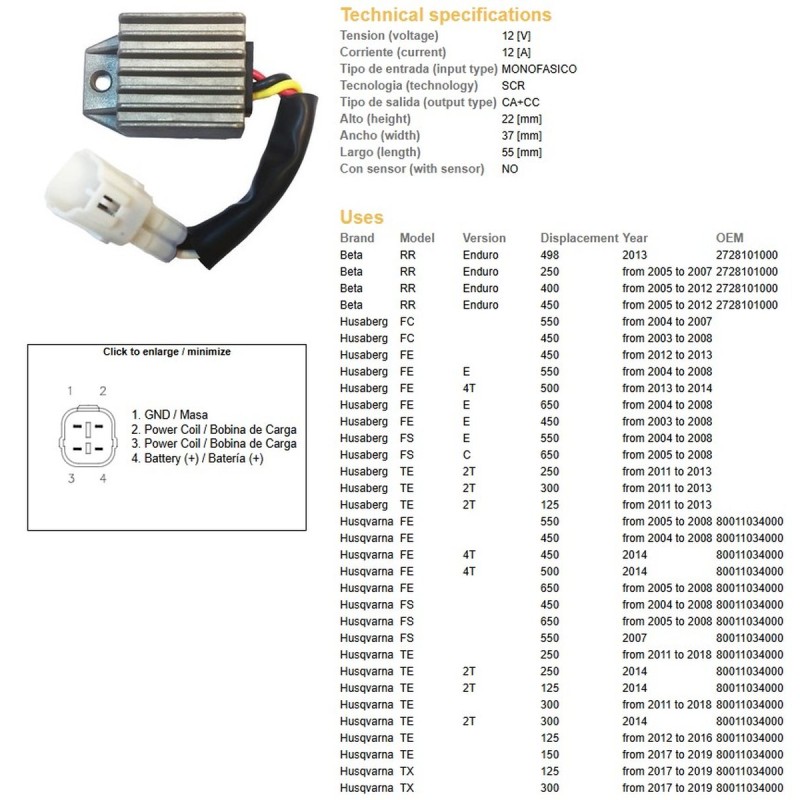 DZE Regulator napięcia KTM EXC 125/200/250/300/400/525/530 '98-'13; XC-W 250/450/525 '07-'08; HUSQVARNA TE/TX/FE/FC/FS 125/2