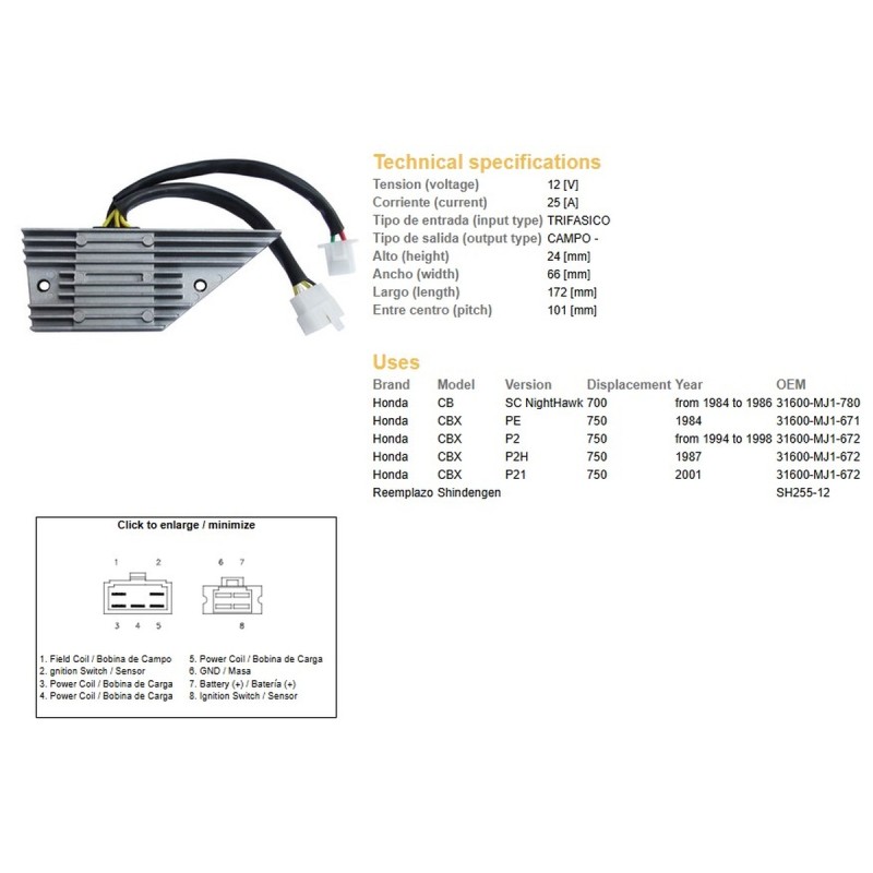 DZE Regulator napięcia Honda CB 700 Nigh Hawk '84-'86; CBX 750 '84-'01 (31600-MJ-671, 31600-MJ1-780)