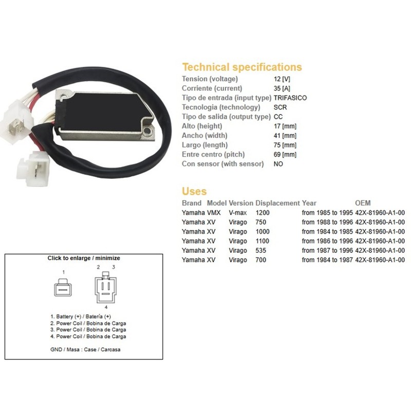 Regulator napięcia Yamaha XV 535, XV 700, XV 750, XV 1000 Virago - DZE