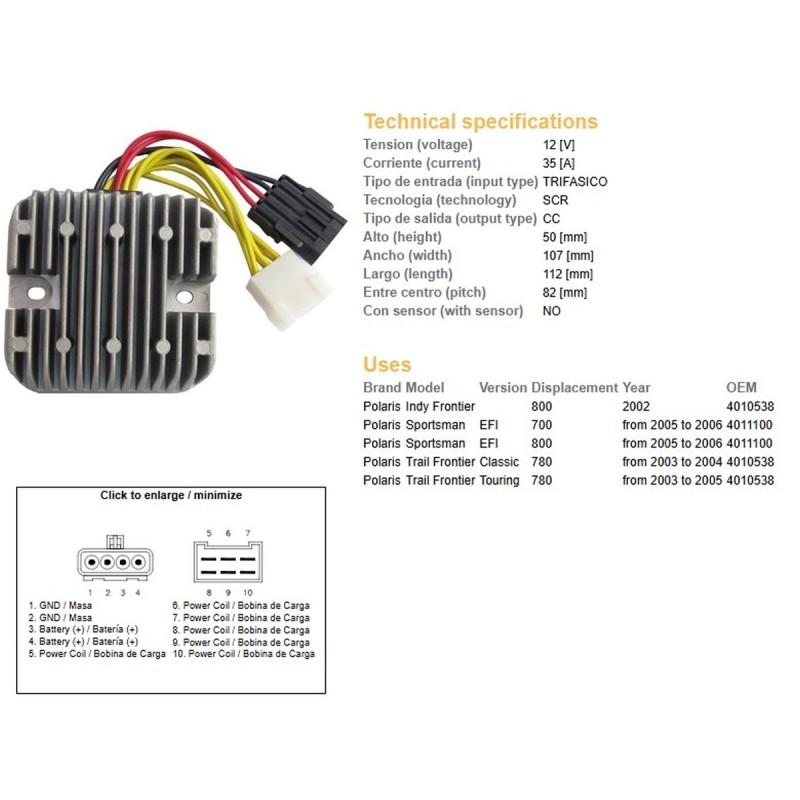 DZE REGULATOR NAPIĘCIA POLARIS SPORTSMAN EFI 700/780/800 '05-'06 (12V/35A) (4011100, 4010538) (ESR819)