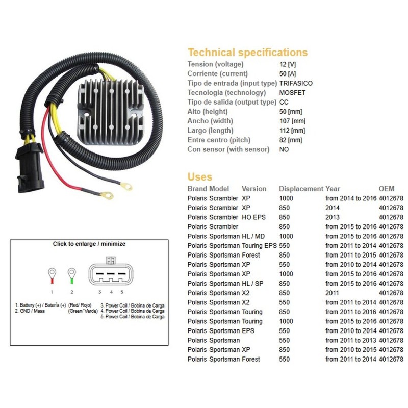Regulator napięcia Polaris Sportsman 550/850/100 '10-'16; Scrambler 550/850/1000 '13-'16 (MOSFET - 50A) (4012678) (ESR82)