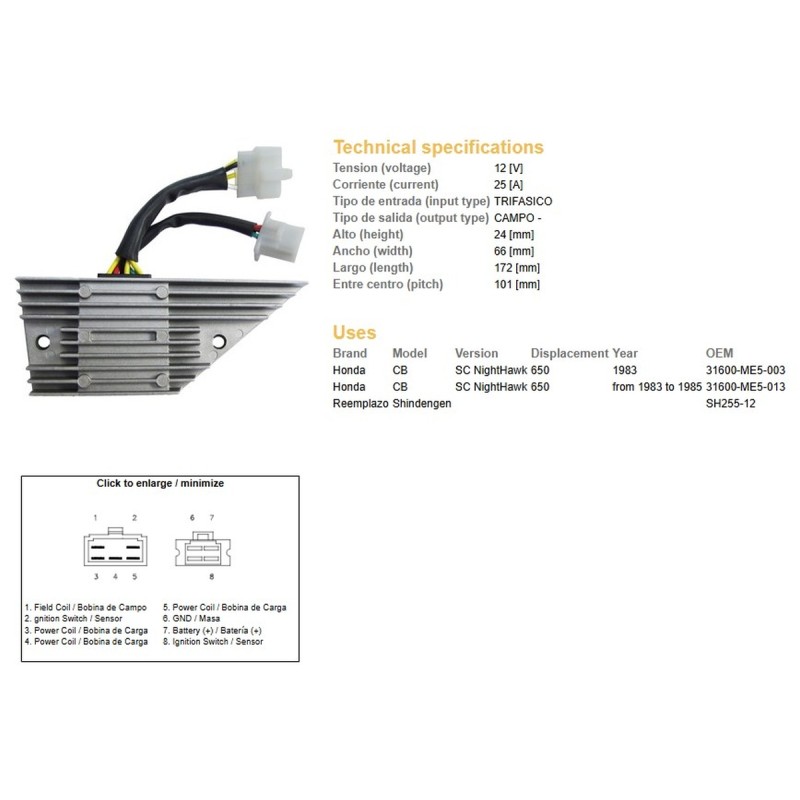 Regulator napięcia Honda CB 650SC Nighthawk '83-'85 (31600-ME5-003) (SH255-12)