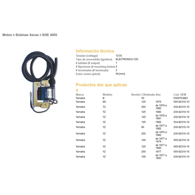 Cewka zapłonowa Yamaha YZ 125 '77-'82; YZ 250 '76-'82 (2X6-82310-10) (565-82310-10)