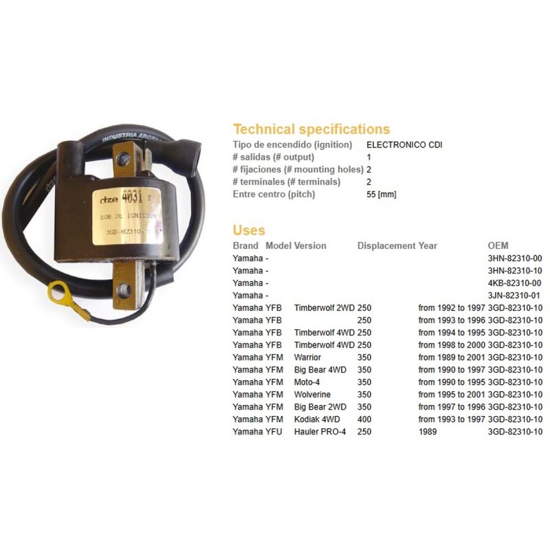 Cewka zapłonowa Yamaha YFB 250 Timberwolf '92-'00; YFM 350 '89-'01; YFM 400 Kodiak '93-'97