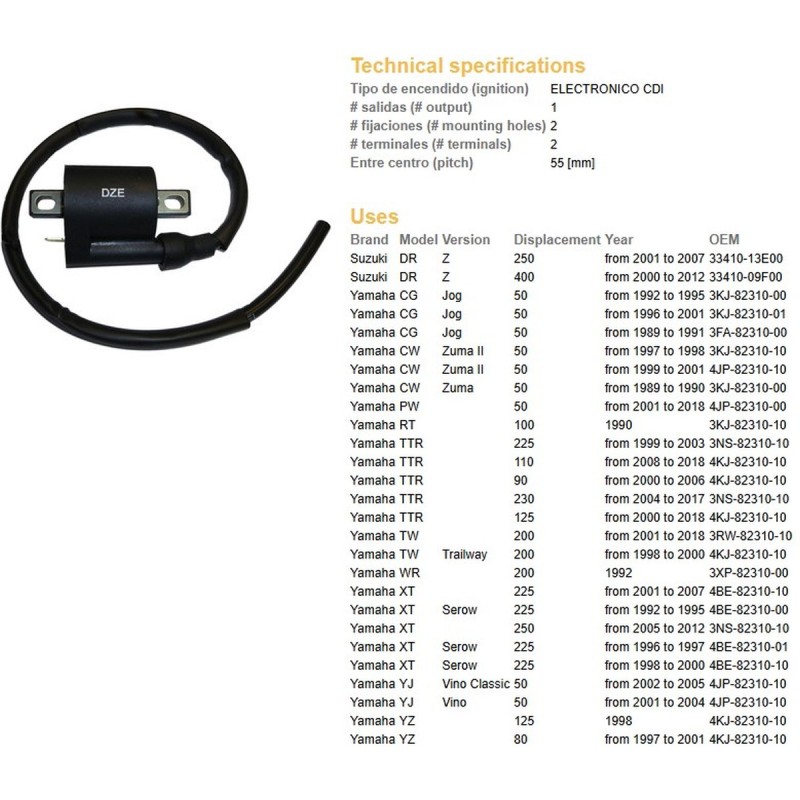 Cewka zapłonowa do Suzuki DR 250Z, DRZ 400, Yamaha PW 50, TTR 90/110/125/200/230, XT 22