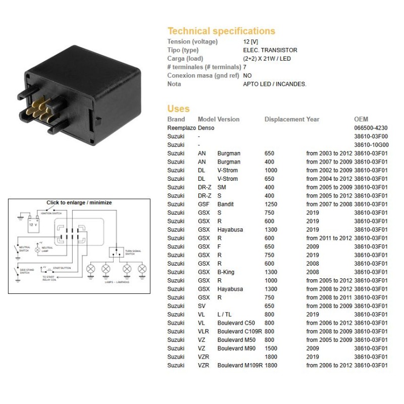 Przerywacz kierunkowskazów Suzuki AN 650 Burgman '03-12, AN 400 Burgman '07-09, DR-Z 400 '05-12, GSF 1250 Bandit '07-08