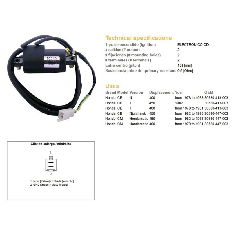Cewka zapłonowa Honda CB 400T '78-'83; CB 450 Nighthawk '82-'85 (OEM 30530-413-003)