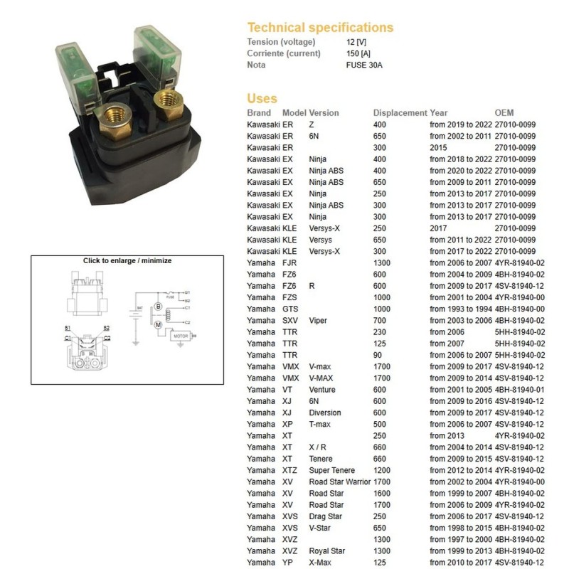 Dze przekaźnik rozrusznika do Kawasaki, Yamaha - idealny do modeli ER 300/400/650, EX 250/300/400/650, KLE 250/300/650, TTR 90/1