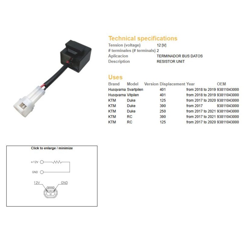 DZE PRZEKAŹNIK (REZYSTOR) KTM 125 DUKE '17-'20; 250 DUKE '17-'21; 390 DUKE '17-; RC 125/390 '17-'21; HUSQVQRNA 401 SVARTP