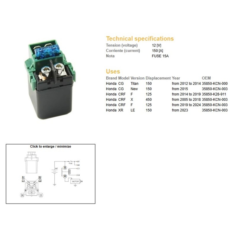 Dze Przekaźnik Rozrusznika Honda CG 150 '12-'14; CRF 125 '14-'24; CRF 450X '05-'18