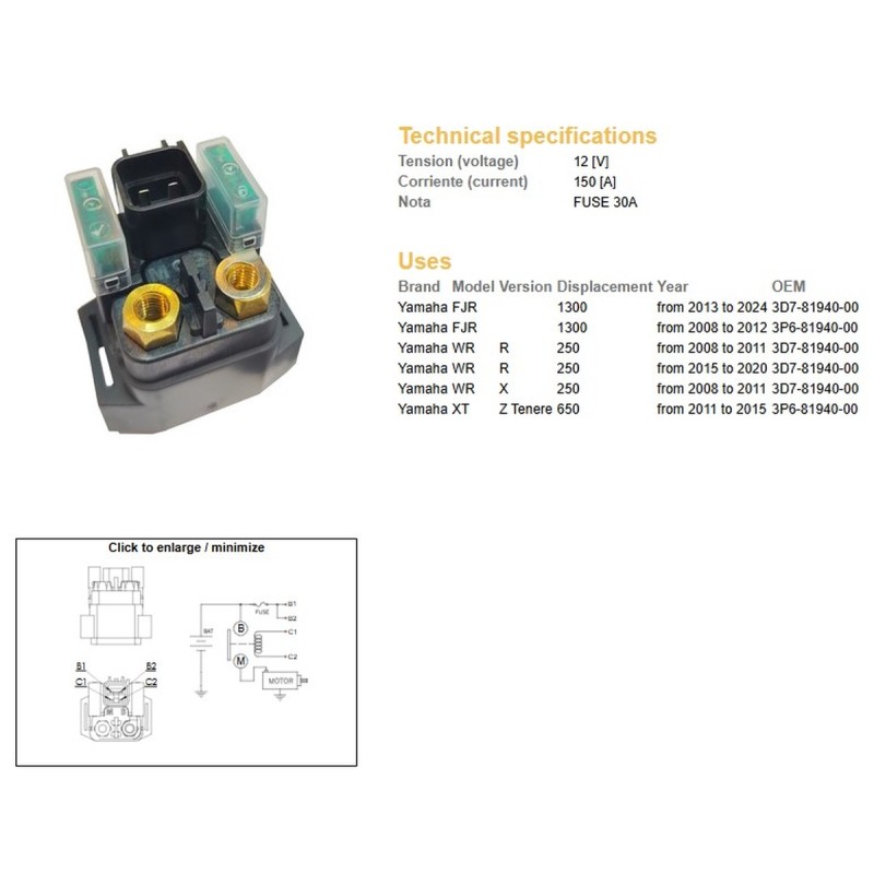 DZE PRZEKAŹNIK ROZRUSZNIKA YAMAHA WR 250R '08-'20; XTZ 660 TENERE '11-'15; FJR 1300 '08-'24 (12V/150A)