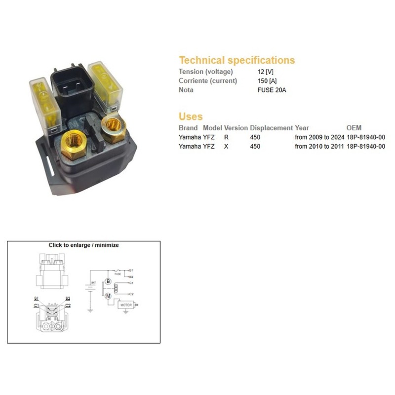 DZE Przekaźnik Rozrusznika Yamaha YFZ 450R '09-'24; YFZ 450X '10-'11 (12V/150A)