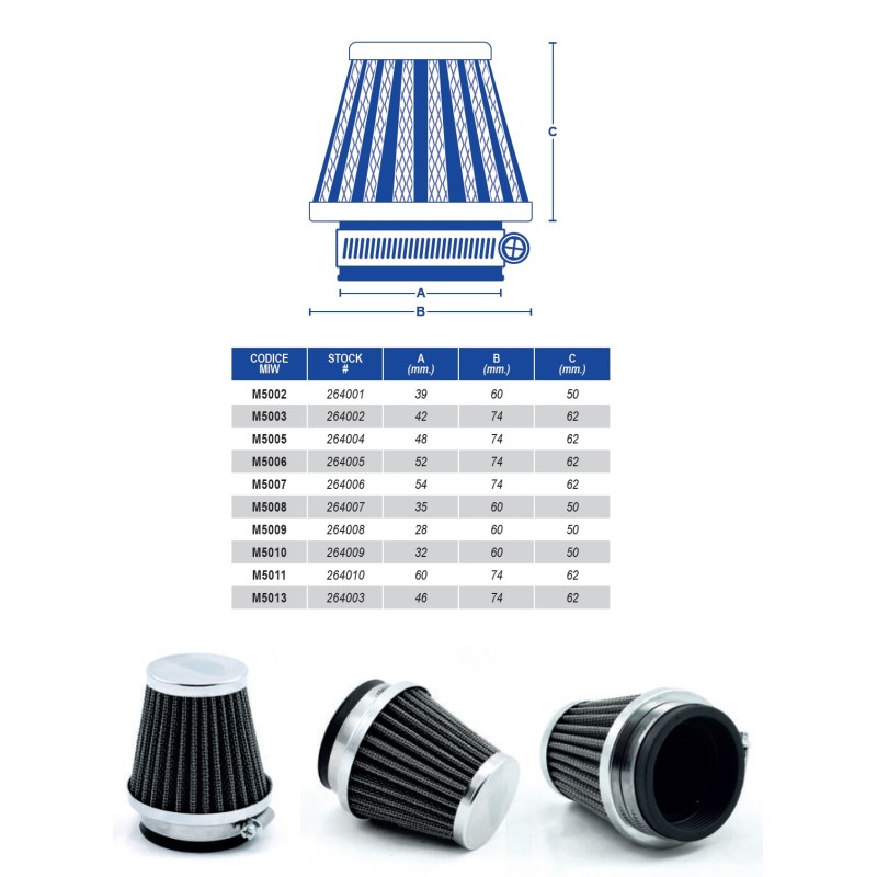 Filtr powietrza stożkowy chromowany MIW MEIWA (48x74x62mm)