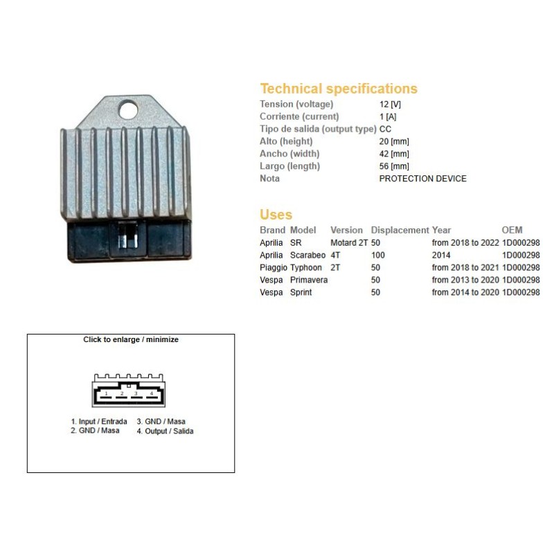 DZE Regulator napięcia Aprilia SR 50 \'18-\'22; 50 Typhon \'13-\'20; 100 Typhon \'14-; Vespa