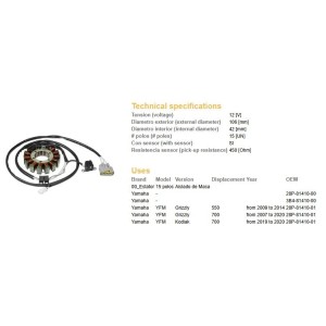 Dze Uzwojenie Alternatora Stator Yamaha YFM 550 Grizzly '09-'14; YFM 700 Grizzly '07-'20; YFM 700 Kodiak '19-'20 (OEM 28P-