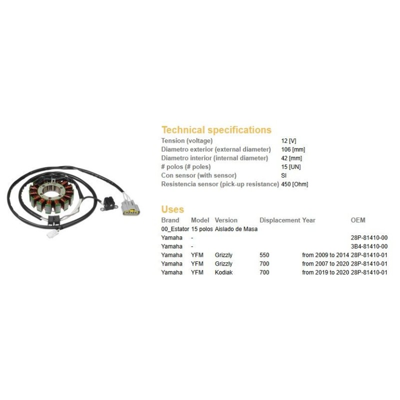 Dze Uzwojenie Alternatora Stator Yamaha YFM 550 Grizzly '09-'14; YFM 700 Grizzly '07-'20; YFM 700 Kodiak '19-'20 (OEM 28P-