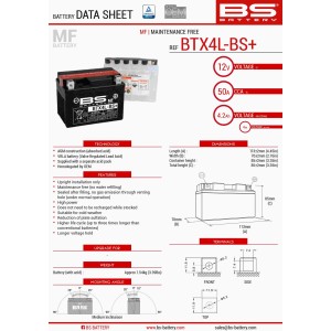 BS AKUMULATOR BTX4L-BS+ (YTX4L-BS) 12V 4AH 113X70X85 BEZOBSŁUGOWY - ELEKTROLIT OSOBNO