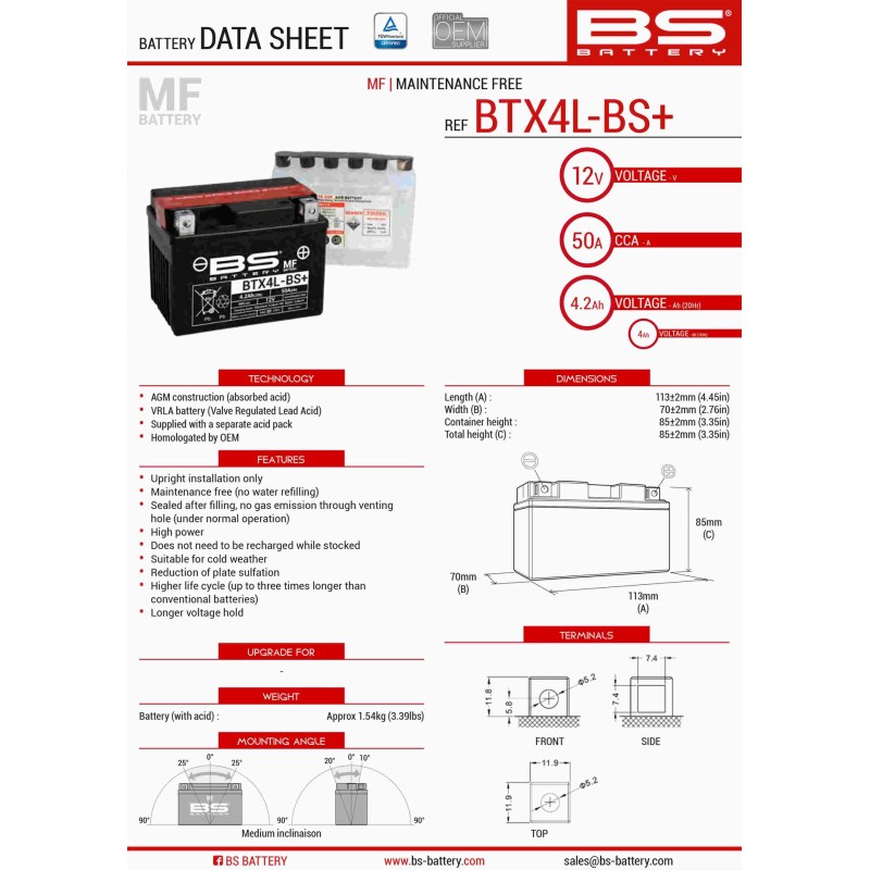 BS AKUMULATOR BTX4L-BS+ (YTX4L-BS) 12V 4AH 113X70X85 BEZOBSŁUGOWY - ELEKTROLIT OSOBNO