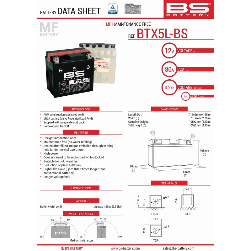 BS AKUMULATOR BTX5L-BS (YTX5L-BS) 12V 4AH 114X71X106 BEZOBSŁUGOWY - ELEKTROLIT OSOBNO