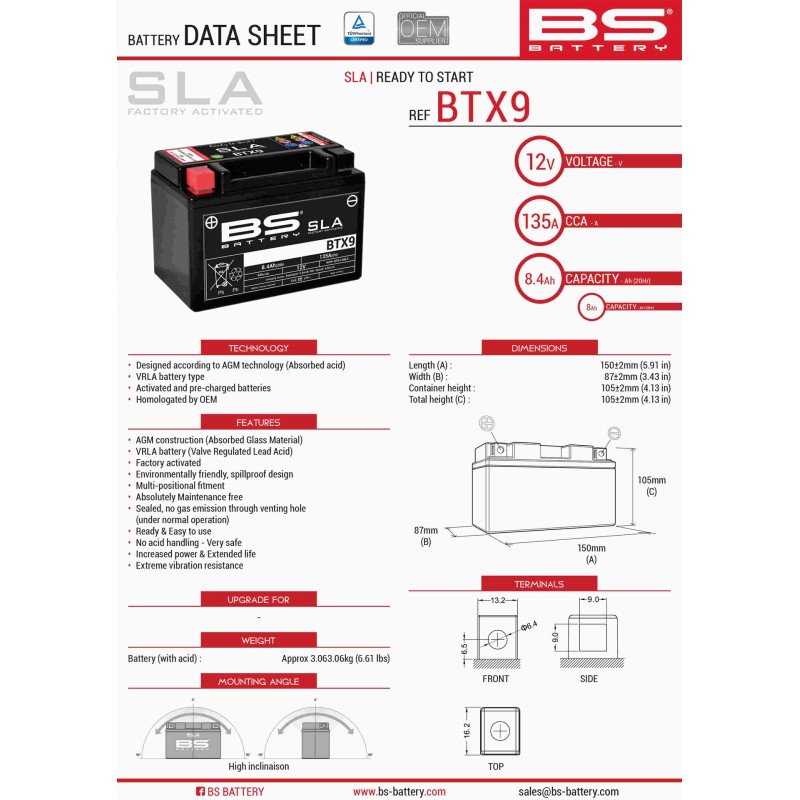 BS AKUMULATOR BTX9 (FA) (YTX9-BS) 152X88X106 12V 8AH BEZOBSŁUGOWY - ZALANY (120A)