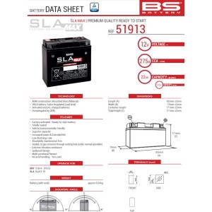 BS AKUMULATOR 51913/51814 MAX (FA) 12V 21AH 183X79X171 BEZOBSŁUGOWY - ZALANY (ZWIĘKSZONY PRĄD ROZRUCH