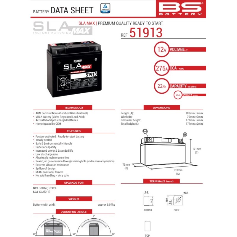 BS AKUMULATOR 51913/51814 MAX (FA) 12V 21AH 183X79X171 BEZOBSŁUGOWY - ZALANY (ZWIĘKSZONY PRĄD ROZRUCH