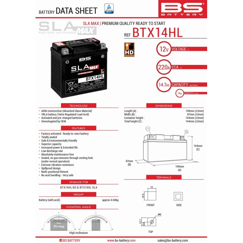 BS AKUMULATOR BTX14HL MAX (FA) (YTX14L-BS) 12V 14AH 149X87X144 BEZOBSŁUGOWY
