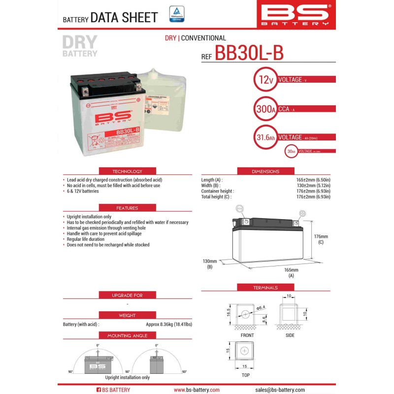 BS AKUMULATOR BB30L-B (YB30L-B) 12V 30AH 168X132X176 OBSŁUGOWY - ELEKTROLIT OSOBNO (300A) HARLEY DAVIDSON, POLARIS 600/700 (2) U