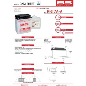 BS AKUMULATOR BB12A-A (YB12A-A) 12V 12AH 134X81X160 OBSŁUGOWY - ELEKTROLIT OSOBNO (155A) (4) UE2019/1148