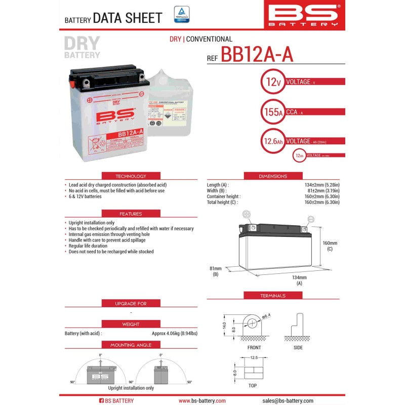 BS AKUMULATOR BB12A-A (YB12A-A) 12V 12AH 134X81X160 OBSŁUGOWY - ELEKTROLIT OSOBNO (155A) (4) UE2019/1148