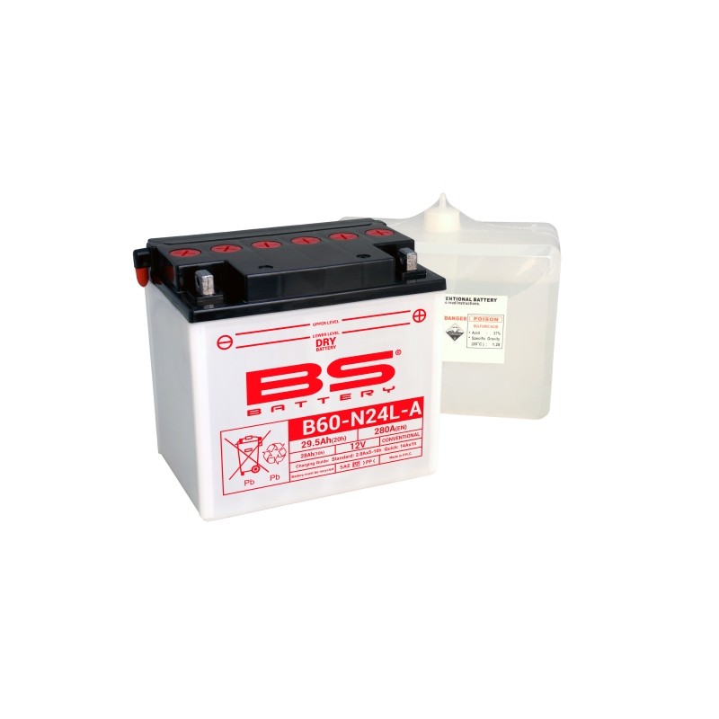 BS AKUMULATOR B60-N24L-A (Y60-N24L-A) 12V 28AH 184X124X175 OBSŁUGOWY - ELEKTROLIT OSOBNO 280A (2) UE2019/1148