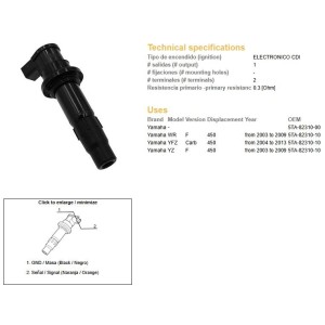 Dze cewka zapłonowa (fajkocewka) Yamaha YFZ 450R '04-'13; WR 450F '03-'09; YZ 450F '03-'09 (OEM 5TA-82310-00)