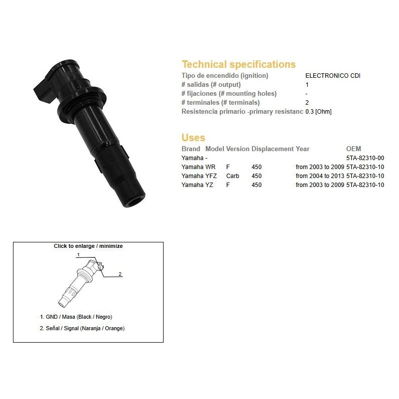 Dze cewka zapłonowa (fajkocewka) Yamaha YFZ 450R '04-'13; WR 450F '03-'09; YZ 450F '03-'09 (OEM 5TA-82310-00)