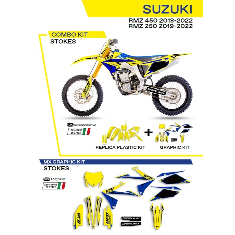 UFO KOMPLET PLASTIKÓW SUKIT418102 PLUS NAKLEJKI SUZUKI RMZ 250 '19-'22: RMZ 450 '18-'22